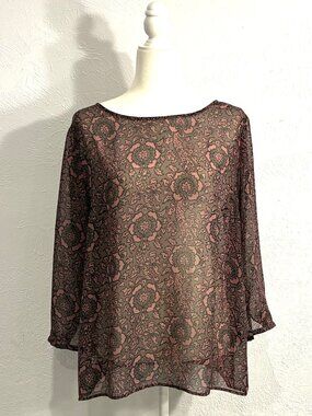 Ann Taylor LOFT 3/4 Sleeve Sheer Blouse, Size L, Gray/Dusty Purple, Back Button